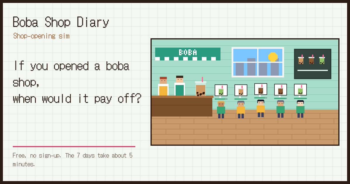 Boba Shop Diary game screen: customers lining up at the counter of a pixel-art boba shop