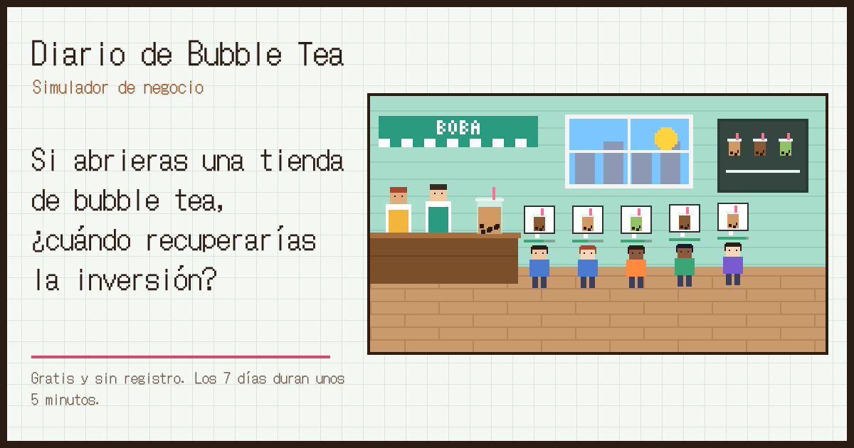 Pantalla de Diario de Bubble Tea: clientes haciendo fila frente al mostrador de una tienda de bubble tea en pixel art