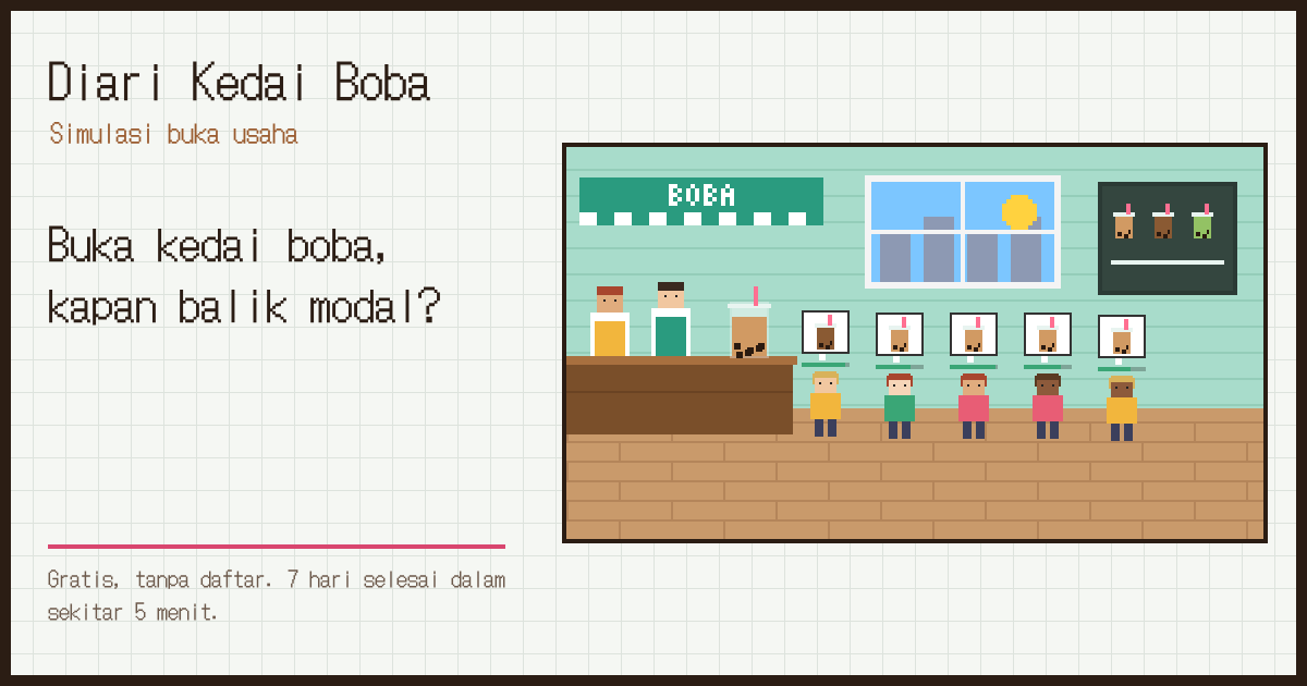 Layar Diari Kedai Boba: pembeli mengantre di depan konter kedai boba pixel art