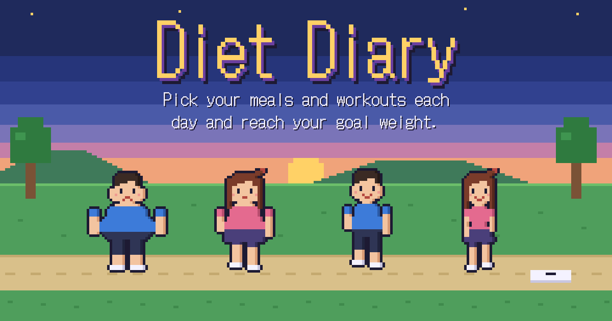 Diet Diary: pixel-art characters with different body shapes in a park at sunset
