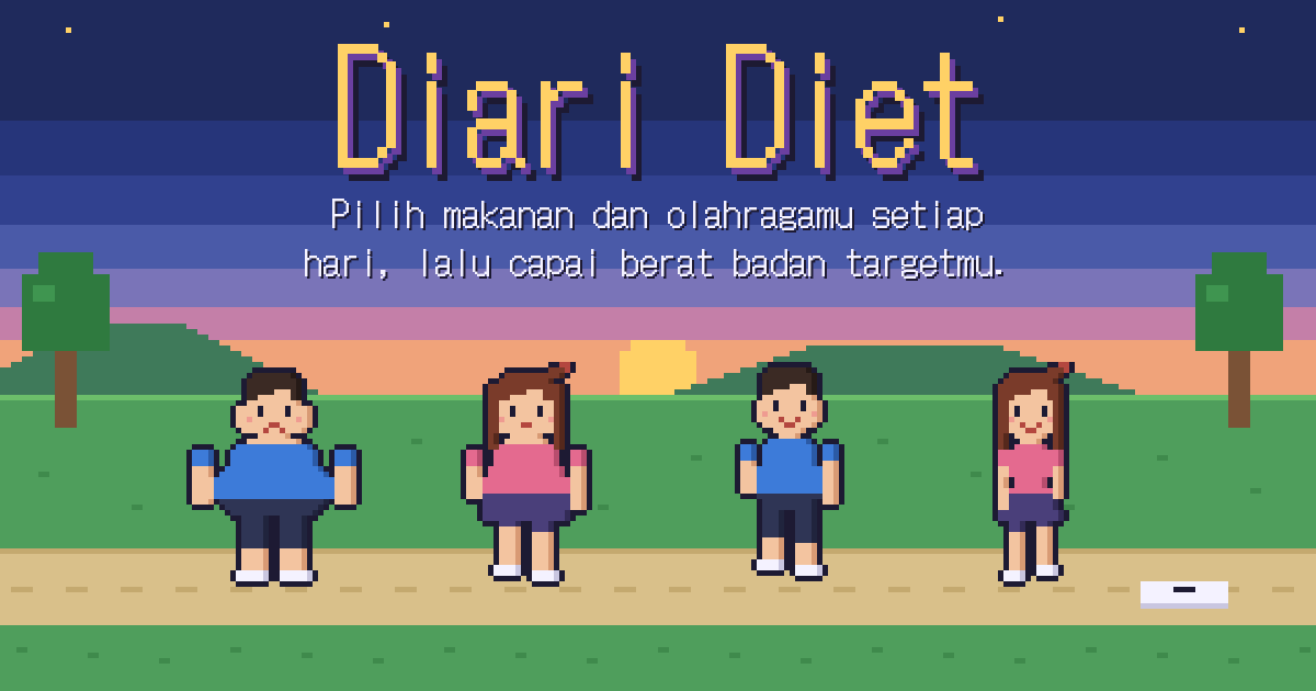 Layar Diari Diet: tokoh pixel art dengan bentuk tubuh berbeda-beda di taman saat matahari terbenam