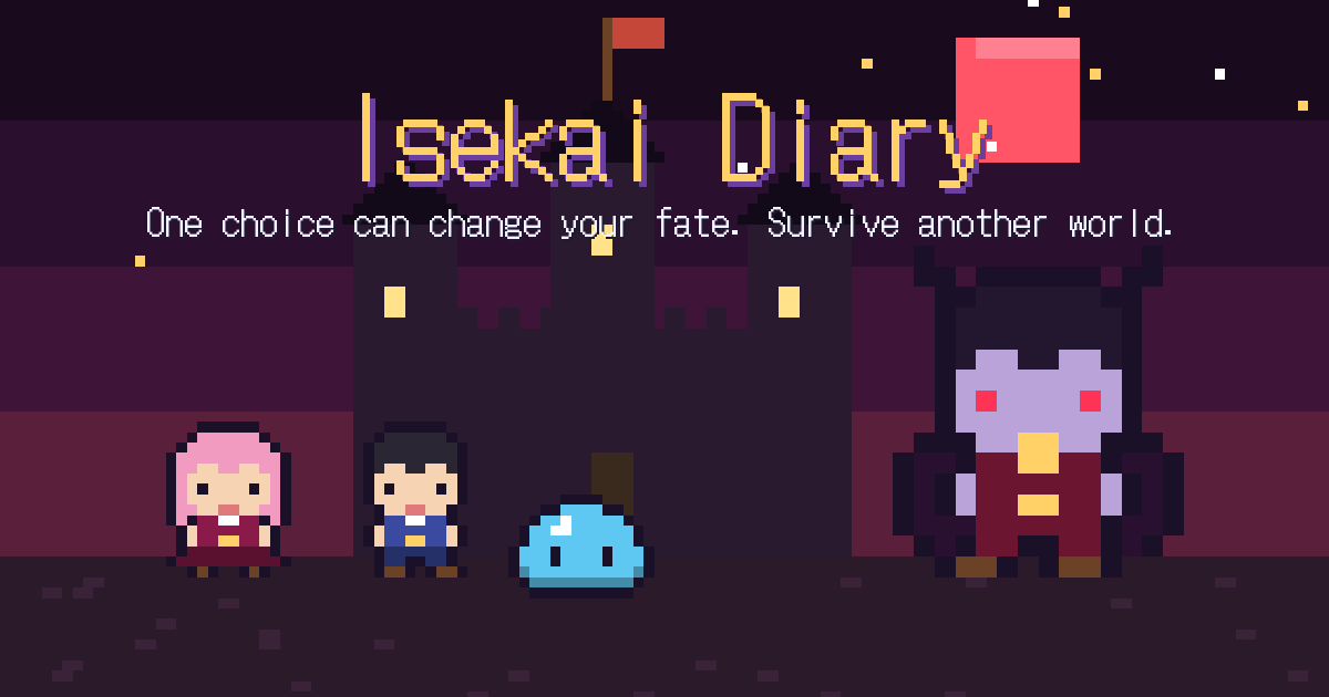 Isekai Diary: a pixel-art hero and allies in front of a castle in another world