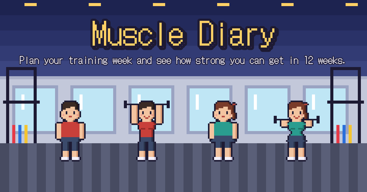 Muscle Diary game screen: pixel-art characters with different builds lifting barbells in a gym