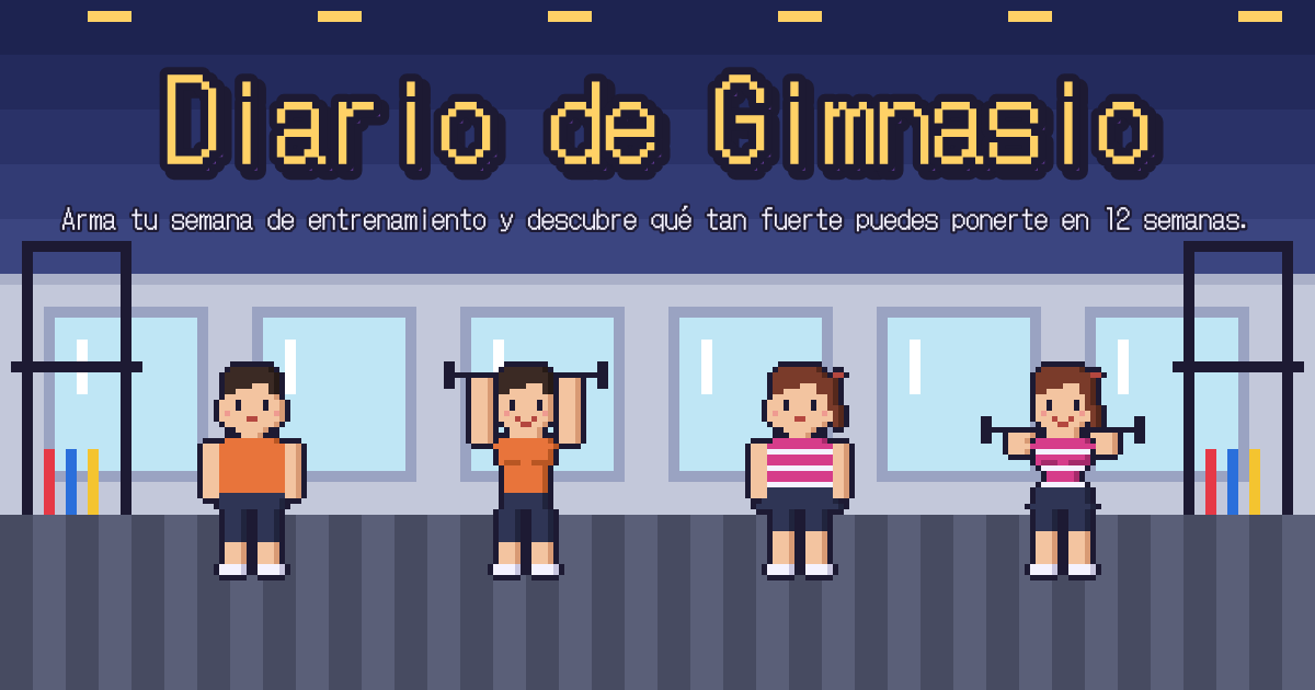 Pantalla de Diario de Gimnasio: personajes en pixel art de distintas complexiones levantando barras en un gimnasio