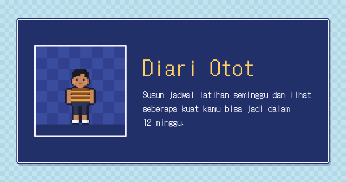 Layar Diari Otot: tokoh pixel art berkaus garis cokelat dan emas di dalam bingkai bergaya game klasik