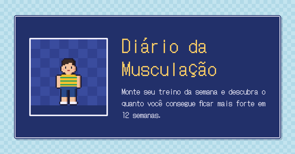 Tela do Diário da Musculação: um personagem em pixel art de regata amarela com listras verdes e short azul