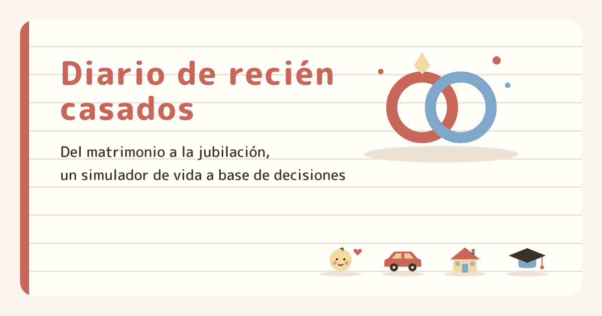 Pantalla de inicio de Diario de recién casados: dos anillos y dibujos de un auto, una casa, un bebé y un birrete