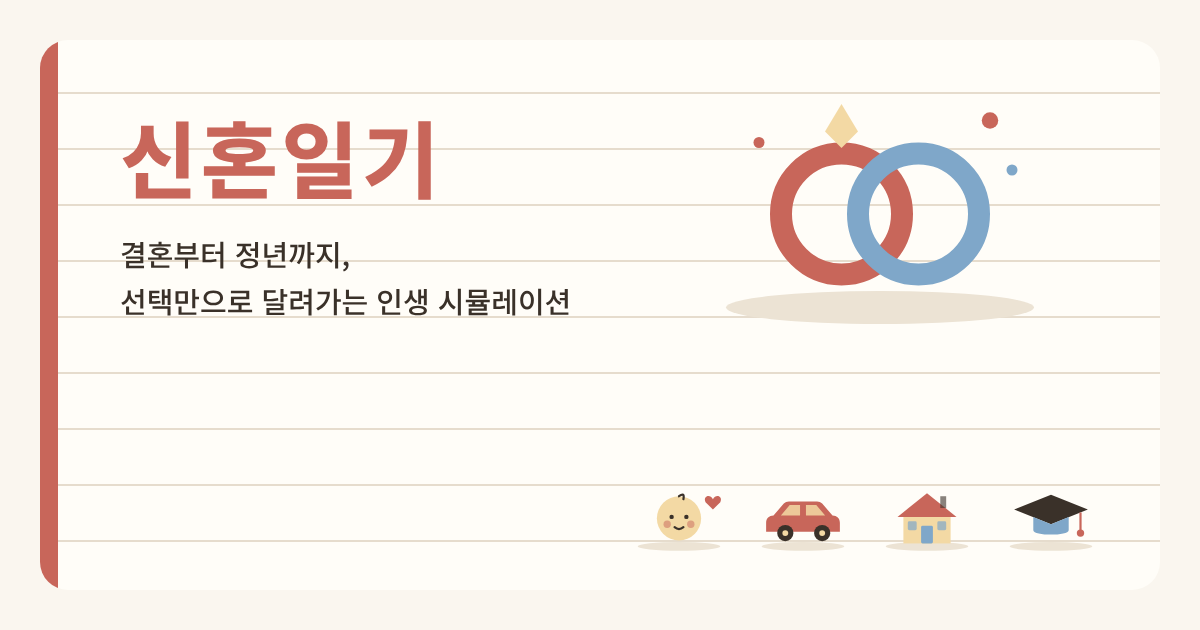 신혼일기 타이틀 화면. 두 개의 반지 일러스트와 차·집·아기·학사모 그림