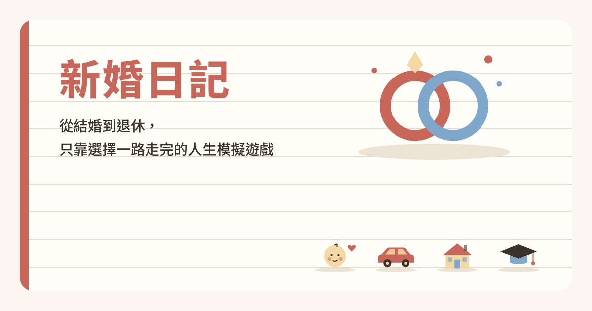 新婚日記的標題畫面：兩枚戒指的插圖，以及車子、房子、嬰兒和學士帽的圖案