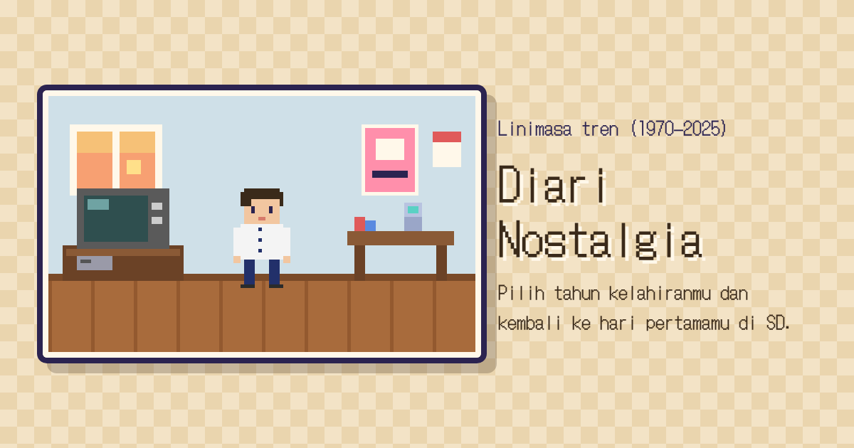 Layar Diari Nostalgia: tokoh pixel art berseragam kemeja putih dan celana biru tua, di kamar dengan TV tabung dan meja