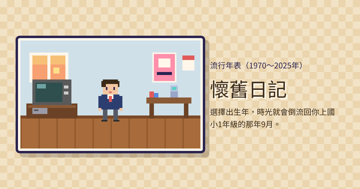 懷舊日記的遊戲畫面：有映像管電視和書桌的房間裡，穿著西裝外套制服的像素風角色