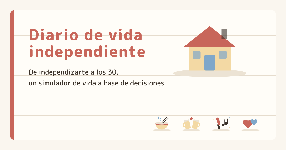 Pantalla de inicio de Diario de vida independiente: una casa y dibujos de un tazón de arroz, dos tarros brindando, una barra de luz y corazones