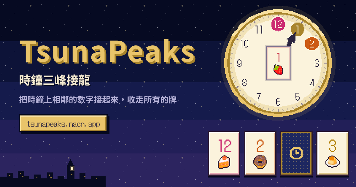 TsunaPeaks 的介紹圖。像素風時鐘的中央有一張「1」的牌，兩邊的 12 和 2 亮起，時鐘下方排著 12、2、3 的牌和一張背面朝上的牌