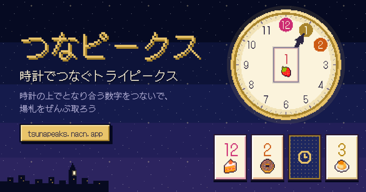 つなピークスの紹介画像。ドット絵の時計のまん中に「1」の札があり、両どなりの12と2が光っている。時計の下には12・2・3の札と裏向きの札が並ぶ