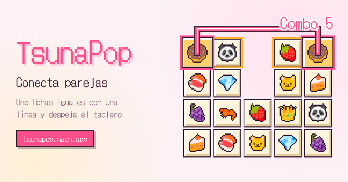 Imagen de TsunaPop. Fichas en pixel art de donas, pandas, fresas y más, con dos donas unidas por una línea